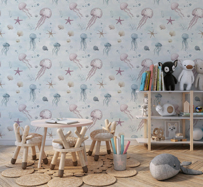 Cream Jellyfish and Seashell Kids Wallpaper