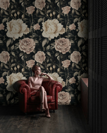 Deep Charcoal Vintage Rose Floral Wallpaper