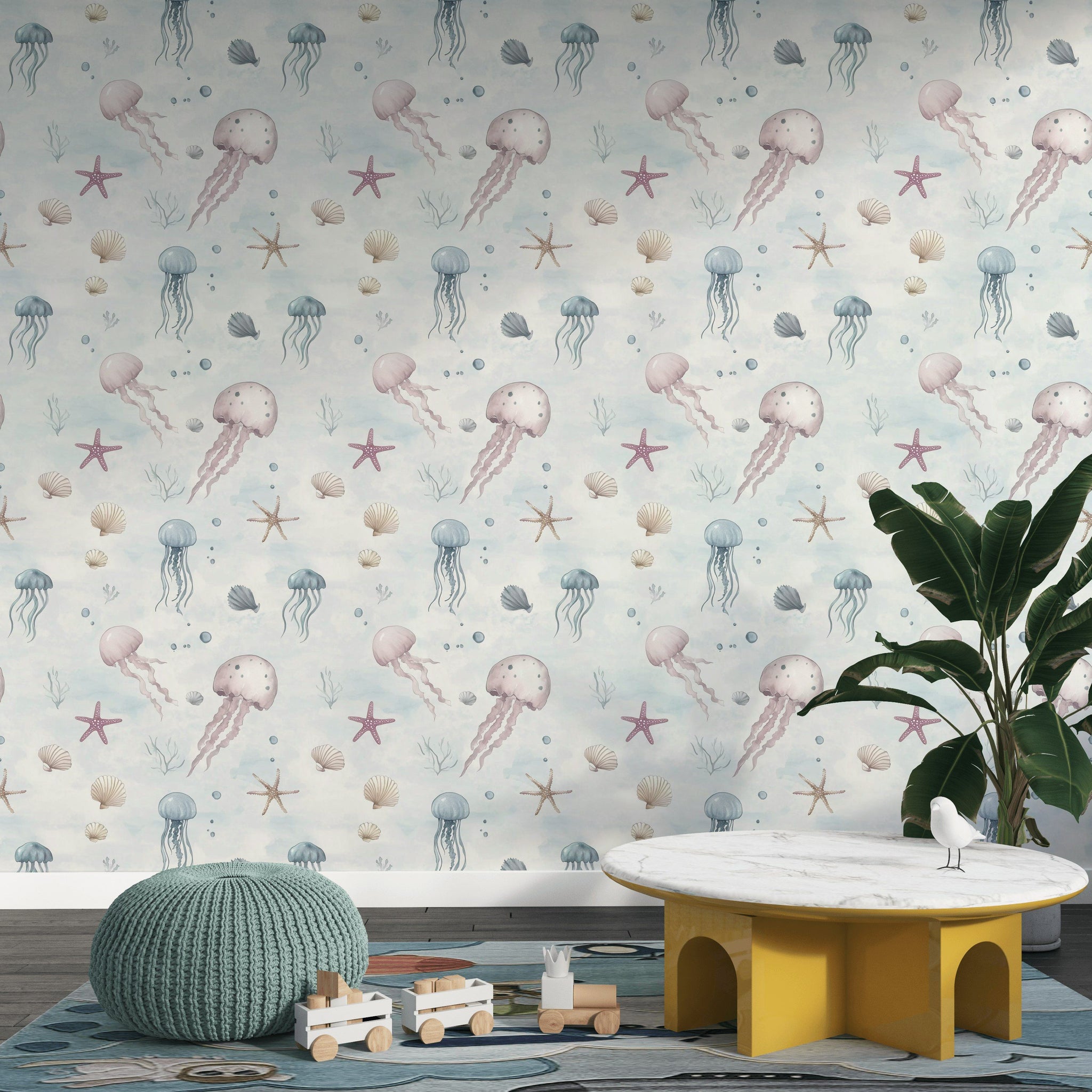 Cream Jellyfish and Seashell Kids Wallpaper