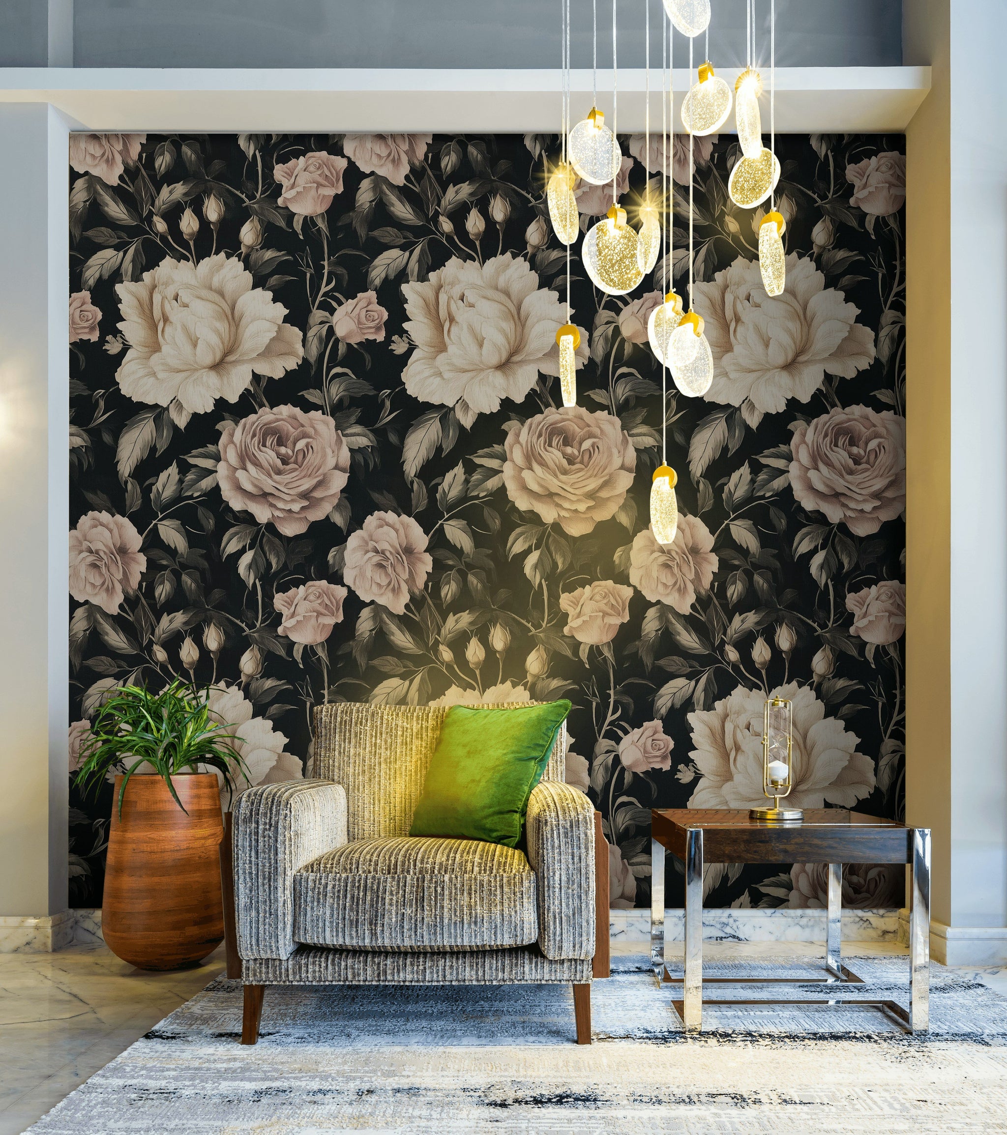 Deep Charcoal Vintage Rose Floral Wallpaper