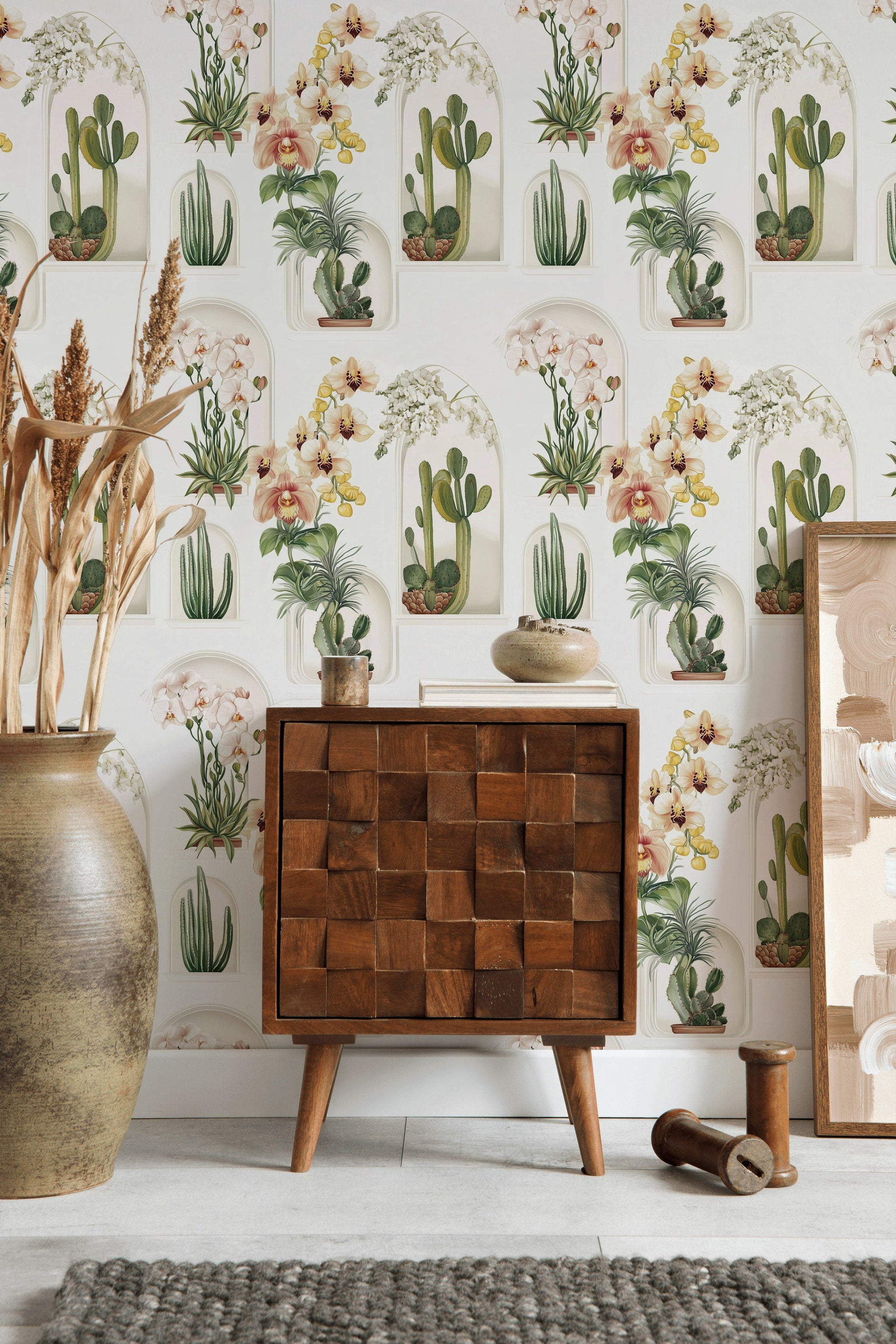 Cream Tropical Floral and Botanical Wallpaper