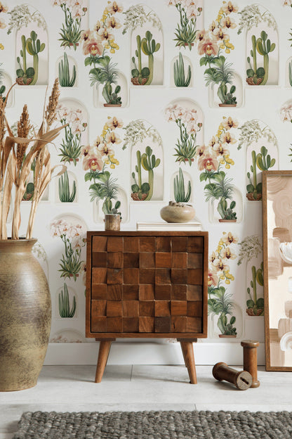 Cream Tropical Floral and Botanical Wallpaper