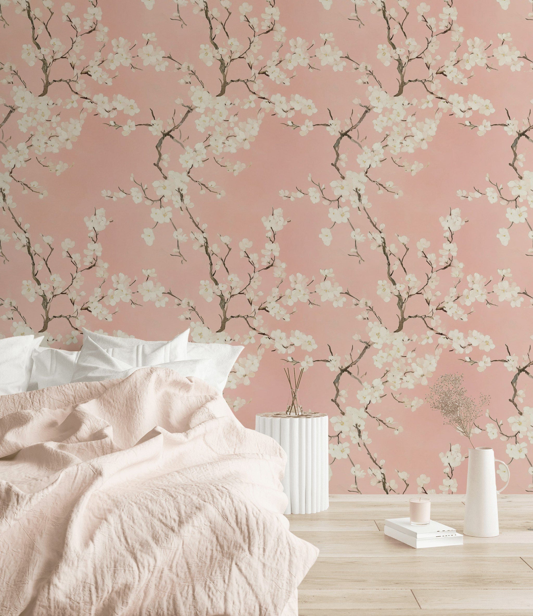Blush Pink Cherry Blossom Floral Wallpaper