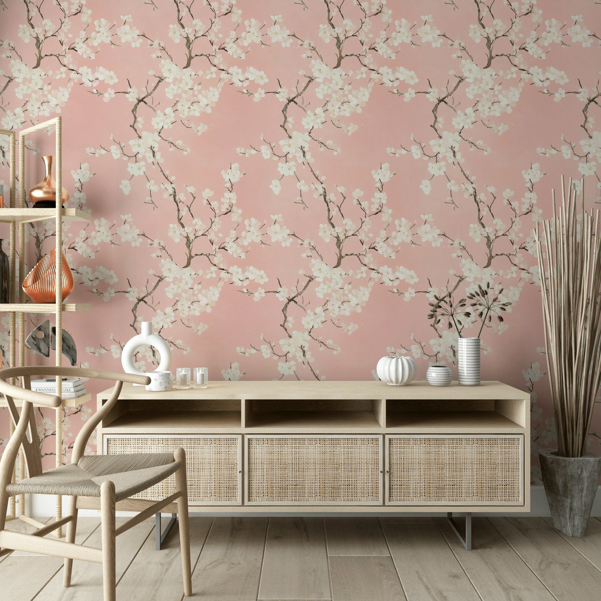 Blush Pink Cherry Blossom Floral Wallpaper