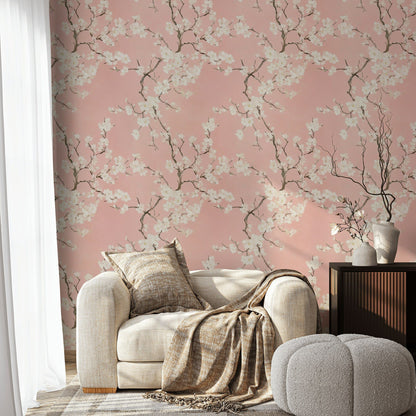 Blush Pink Cherry Blossom Floral Wallpaper
