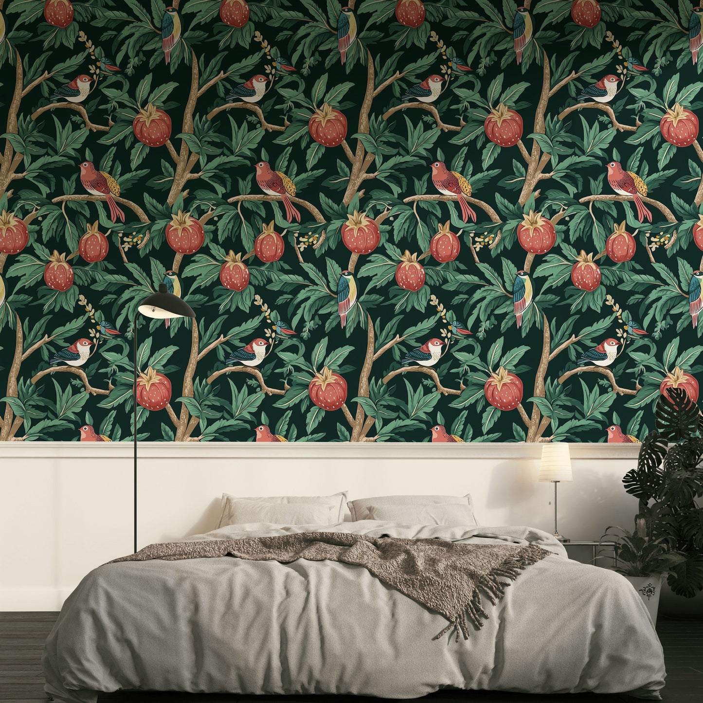 Dark Green Exotic Birds & Pomegranate Wallpaper