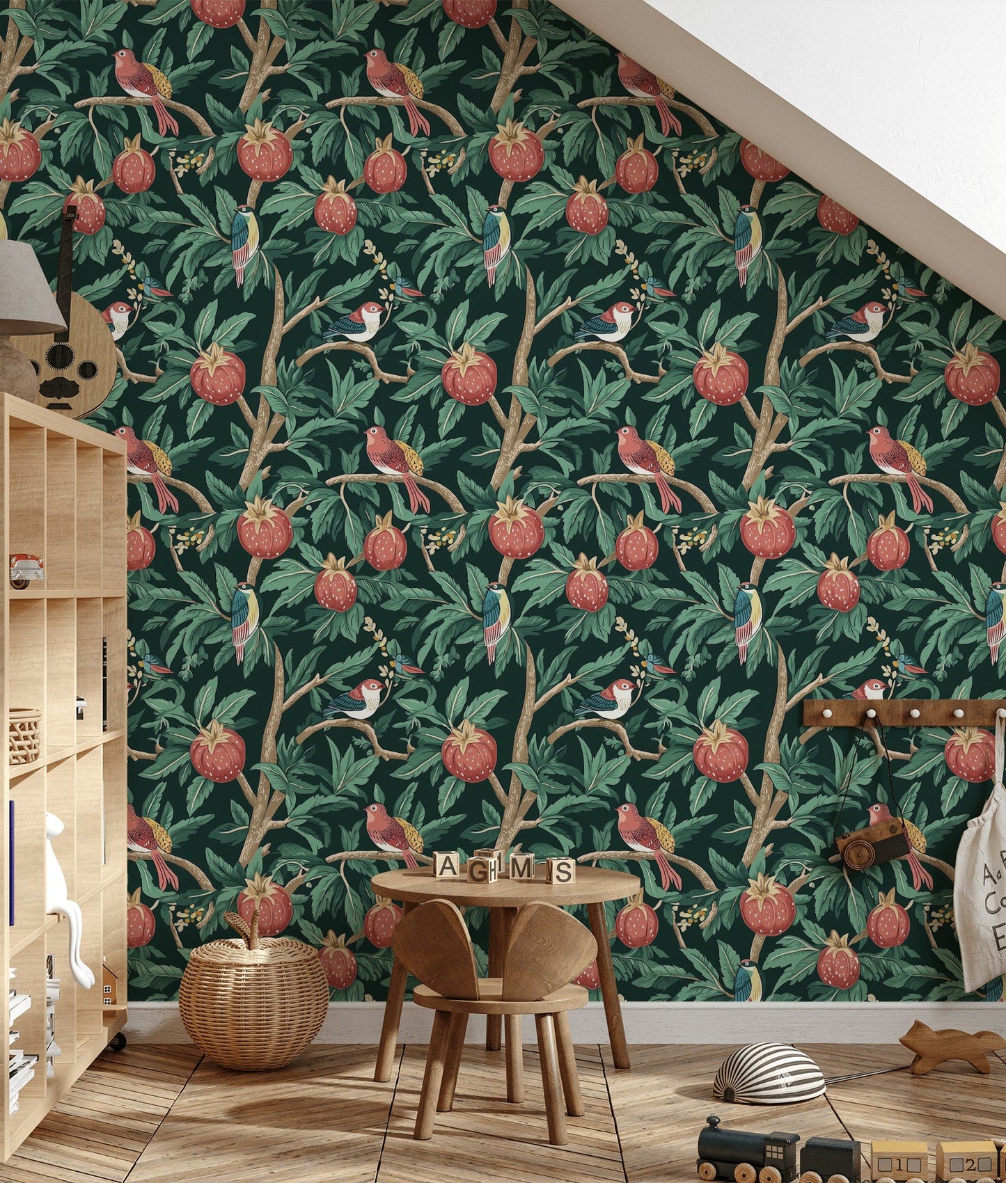 Dark Green Exotic Birds & Pomegranate Wallpaper