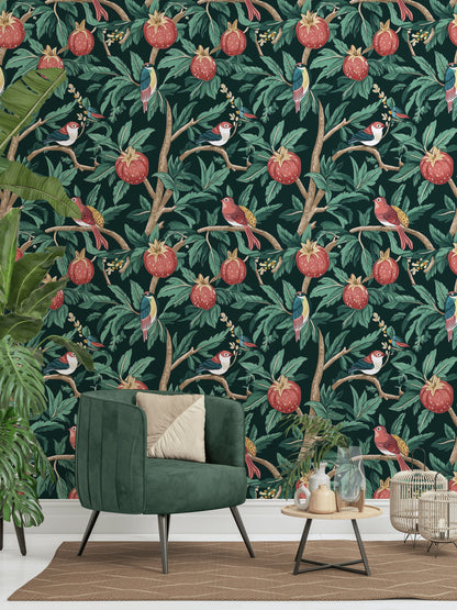 Dark Botanical Birds and Fruits Wallpaper