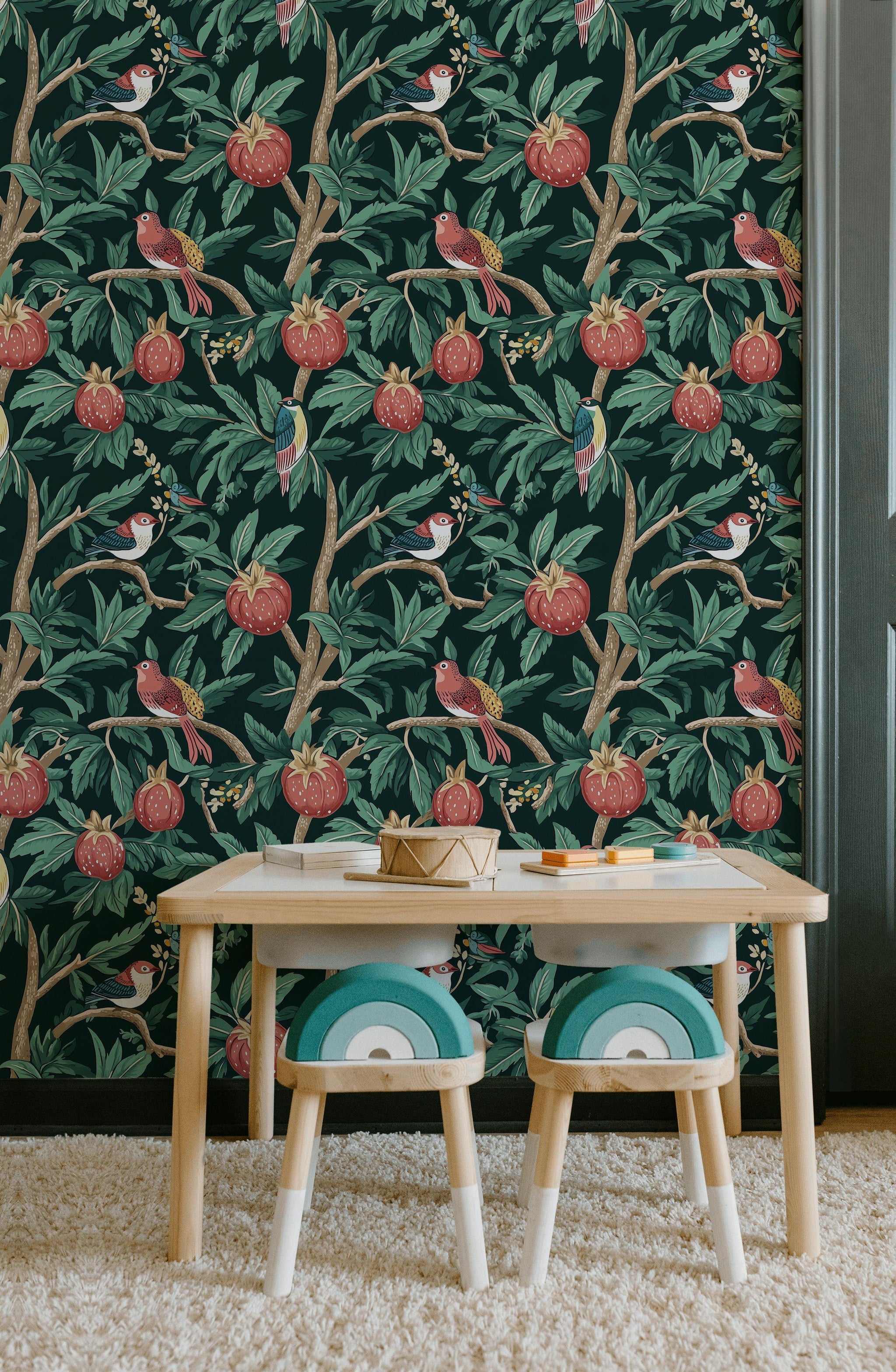 Dark Botanical Birds and Fruits Wallpaper