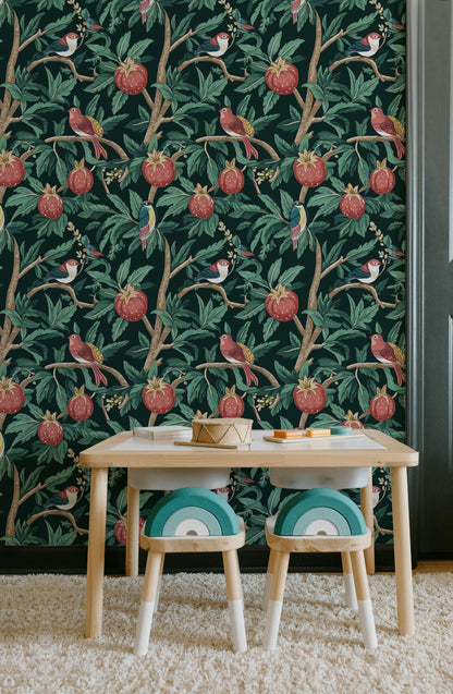 Dark Botanical Birds and Fruits Wallpaper