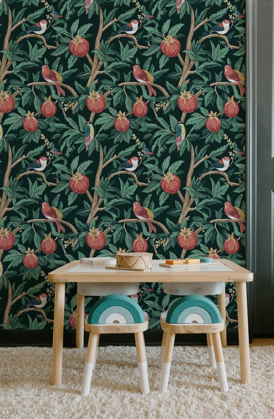Dark Green Exotic Birds & Pomegranate Wallpaper