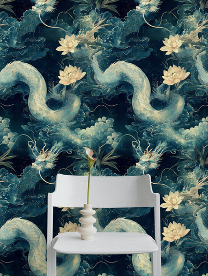 Midnight Blue Dragon and Lotus Chinoiserie Wallpaper