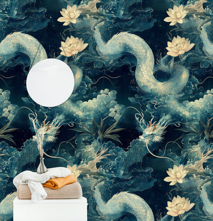Midnight Blue Dragon and Lotus Chinoiserie Wallpaper