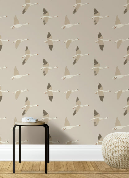 Earthy Beige Geese Flight Wallpaper