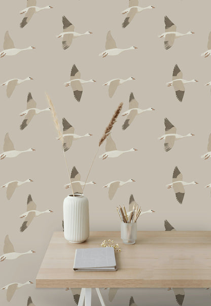 Earthy Beige Geese Flight Wallpaper