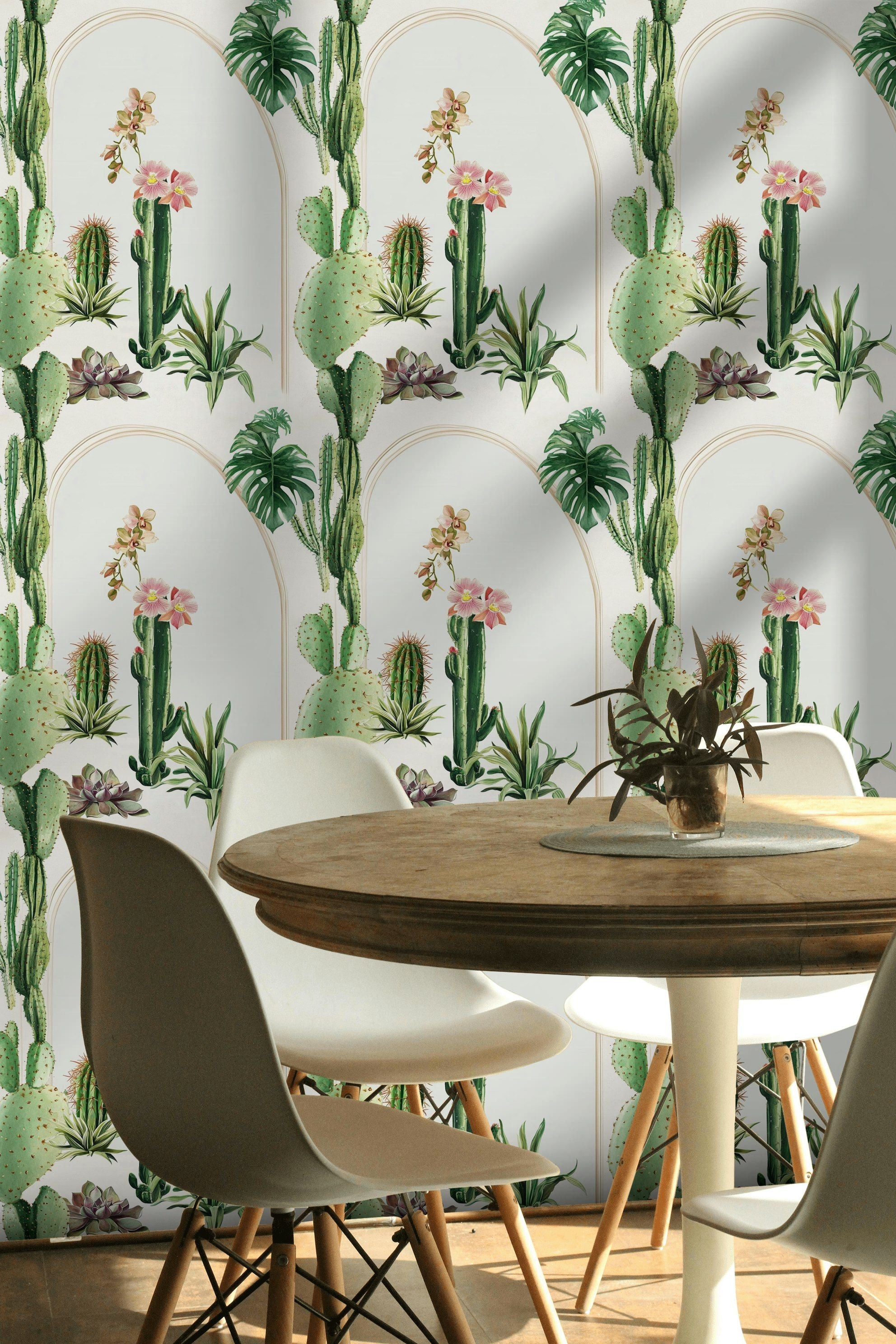 Bright White Archway Cactus and Tropical Floral Wallpaper