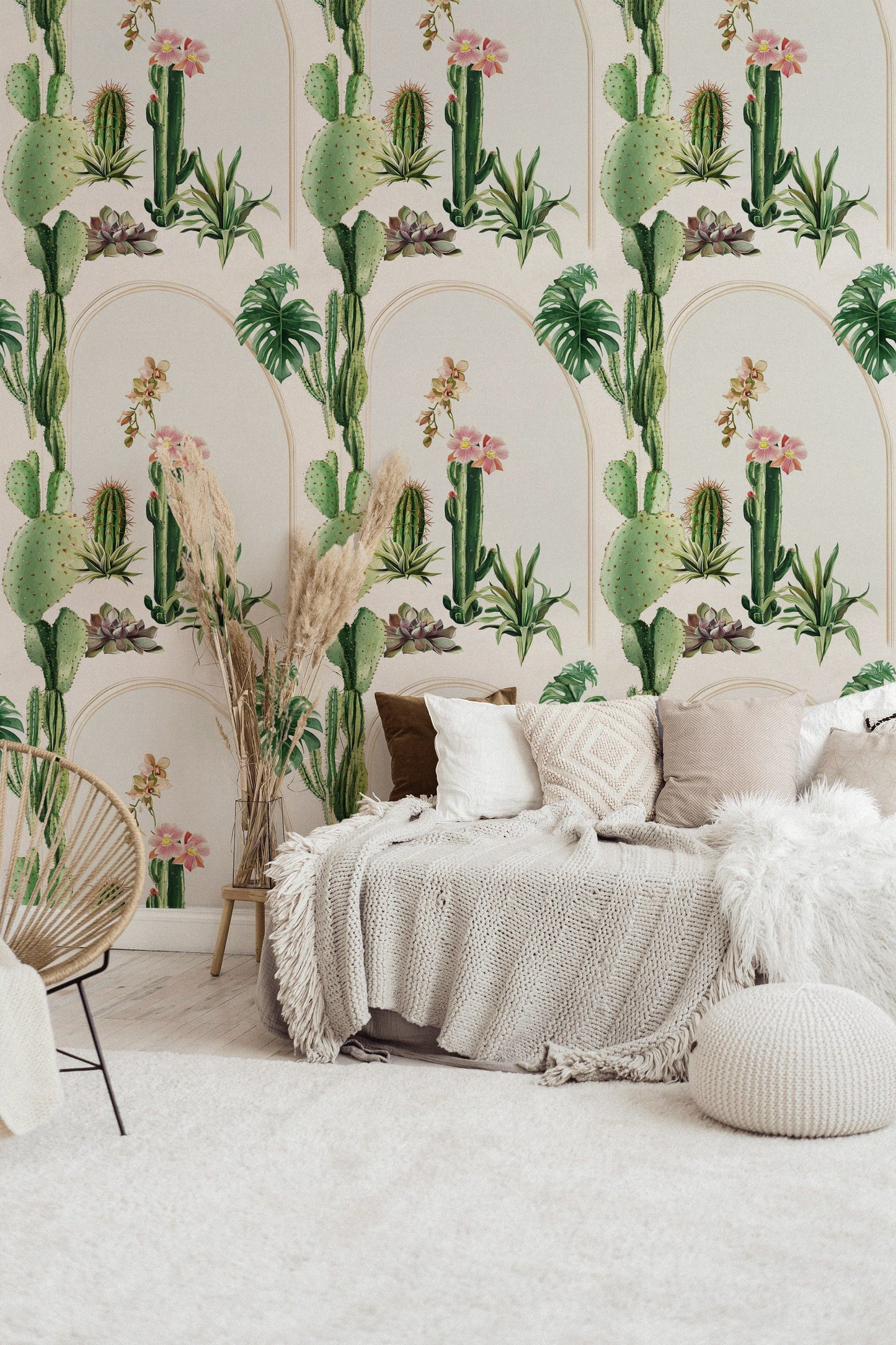 Cactus & Orchid Arch Wallpaper Lush Botanical Oasis Wall Mural