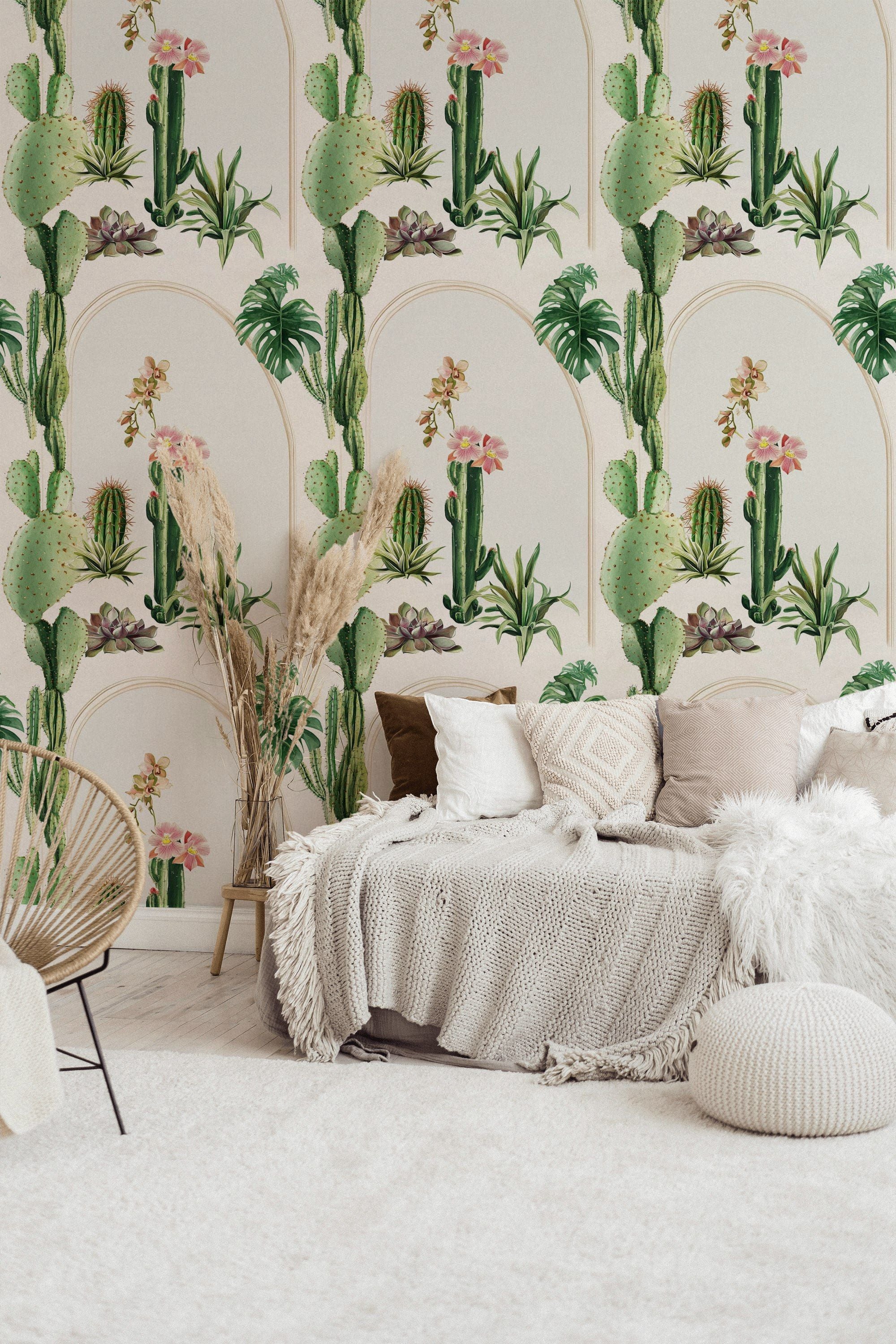 Bright White Archway Cactus and Tropical Floral Wallpaper