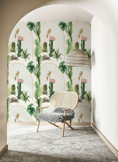 Bright White Archway Cactus and Tropical Floral Wallpaper