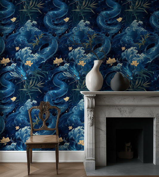 Blue Dragon Wallpaper Japanese Koi Wall Decor