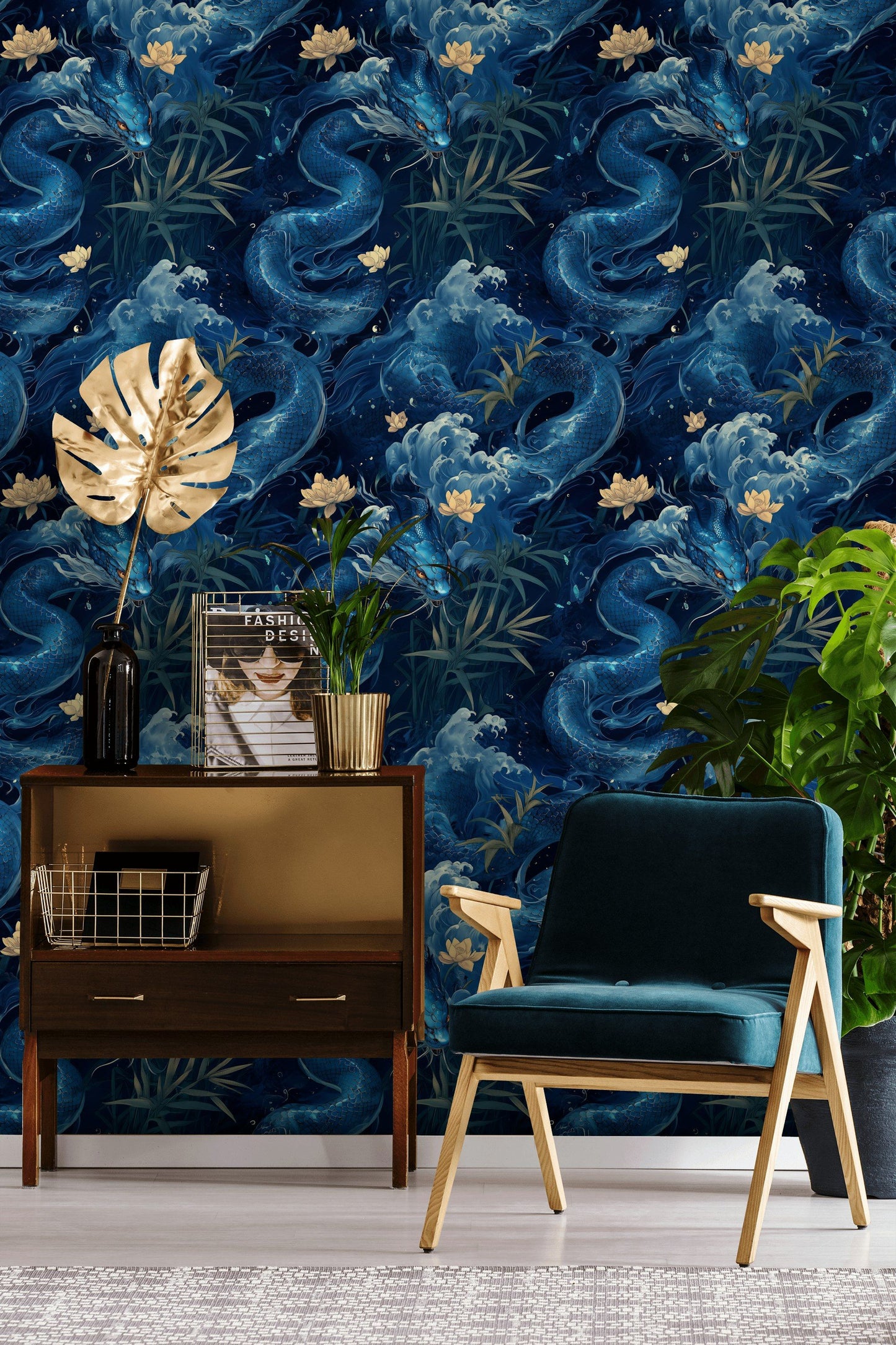 Blue Dragon Wallpaper Japanese Koi Wall Decor