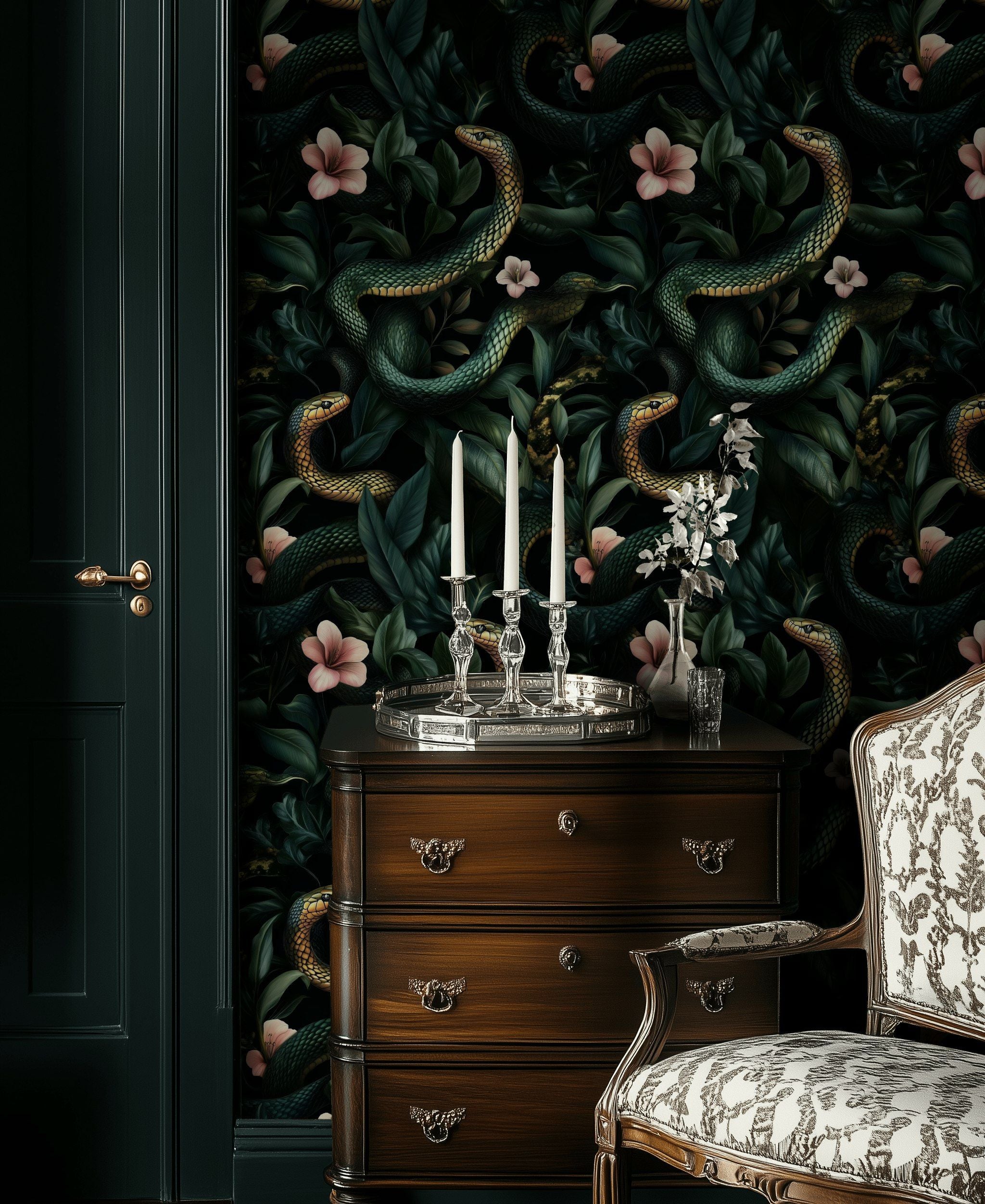 Dark Jungle Snake and Blossom Wallpaper