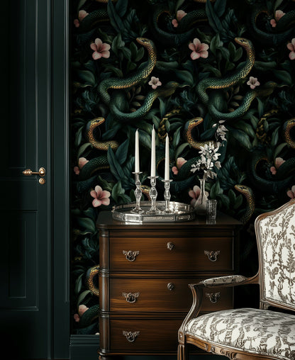 Dark Jungle Snake and Blossom Wallpaper