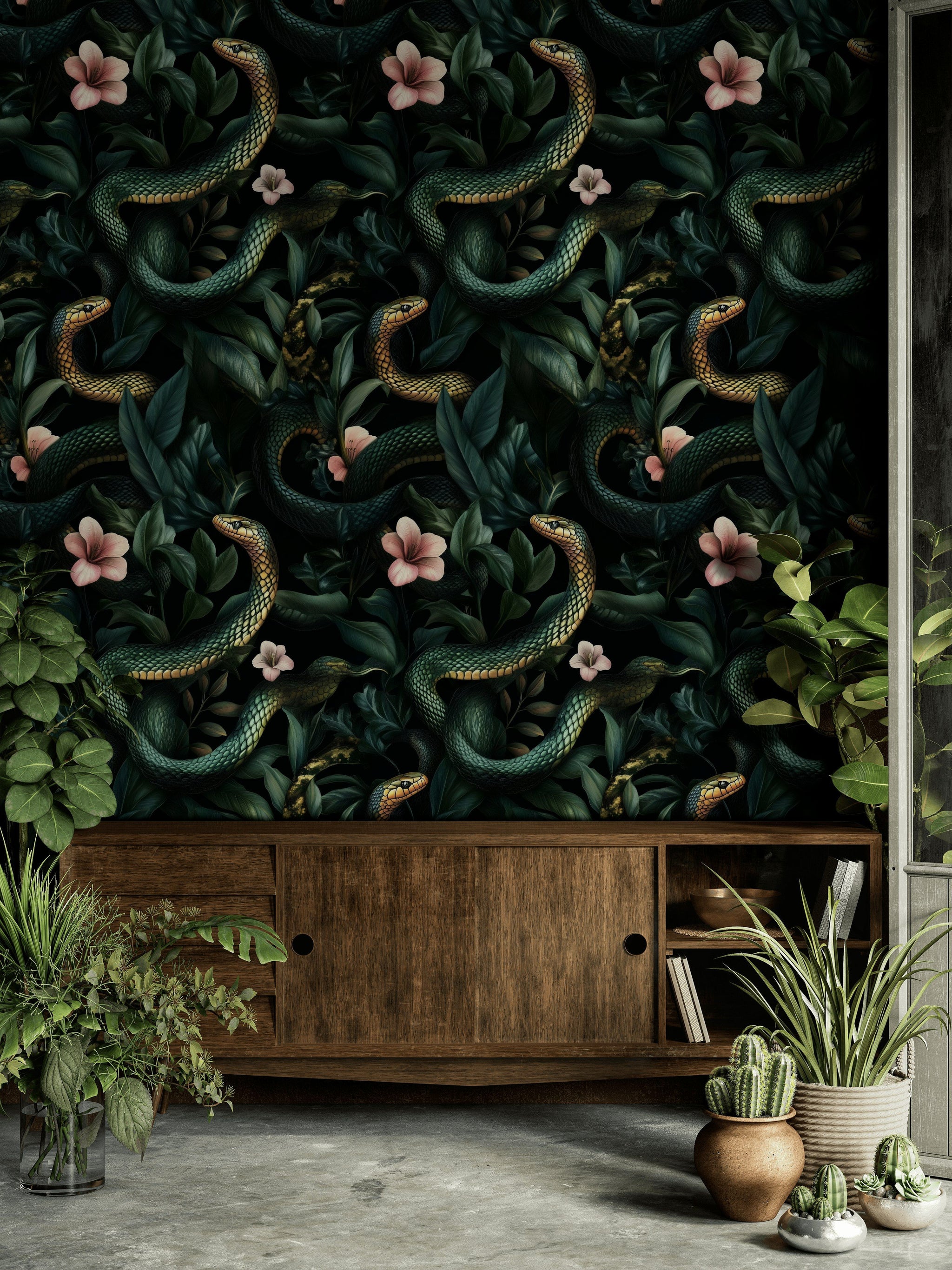 Dark Jungle Snake and Blossom Wallpaper