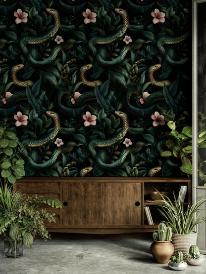 Dark Jungle Snake and Blossom Wallpaper