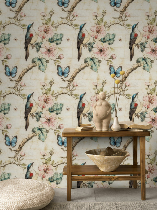 Chinoiserie Bird Wallpaper Vintage Floral Wall Decor