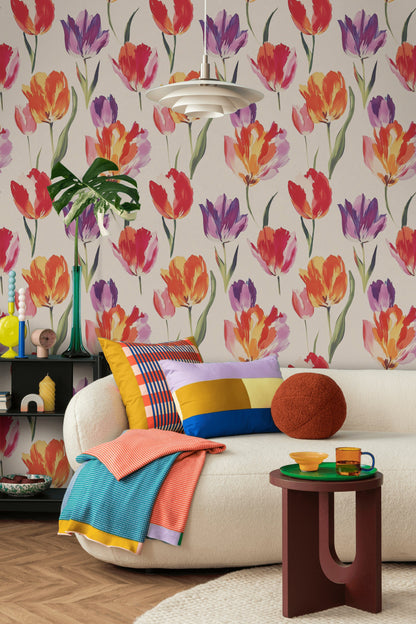 Vibrant Tulip Pattern Cream Wallpaper