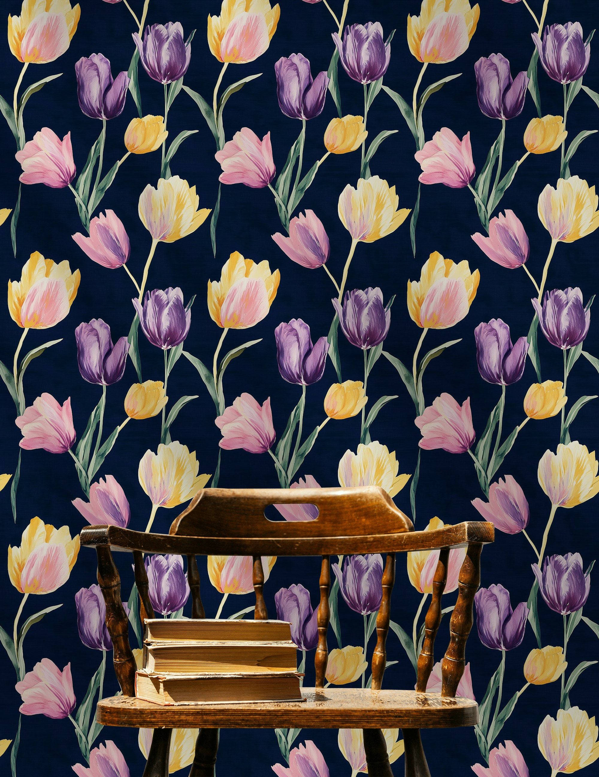 Midnight Multicolor Tulip Floral Wallpaper