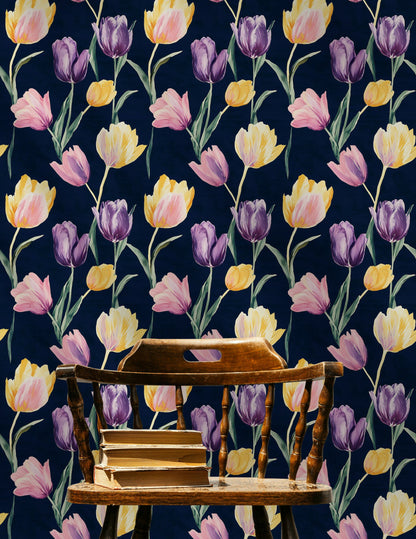 Midnight Multicolor Tulip Floral Wallpaper