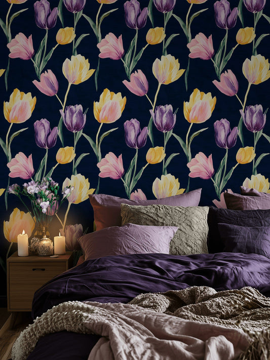 Tulip Bloom Wallpaper Dark Floral Watercolor Wall Mural