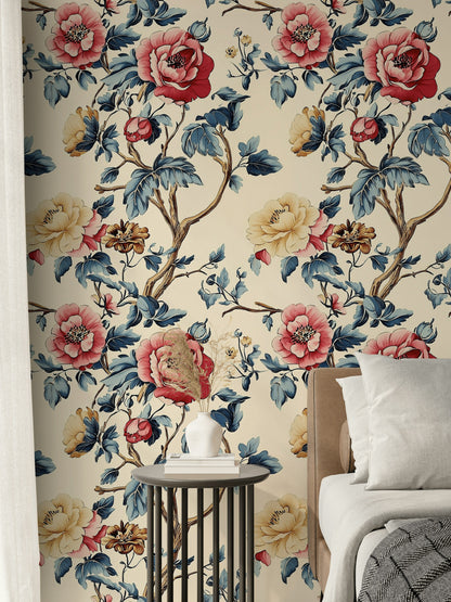 Cream and Pink Large Rose Floral Wallpaper