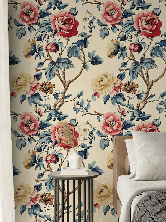 Blue & Red Florals Wallpaper Jacobean Peony Wall Mural