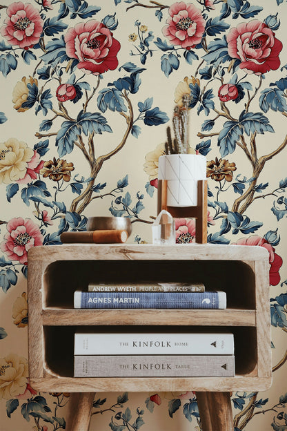 Cream and Pink Large Rose Floral Wallpaper