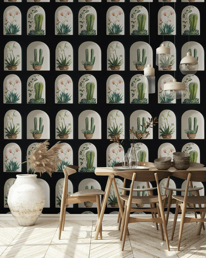 Black and Green Cactus Arched Botanical Wallpaper