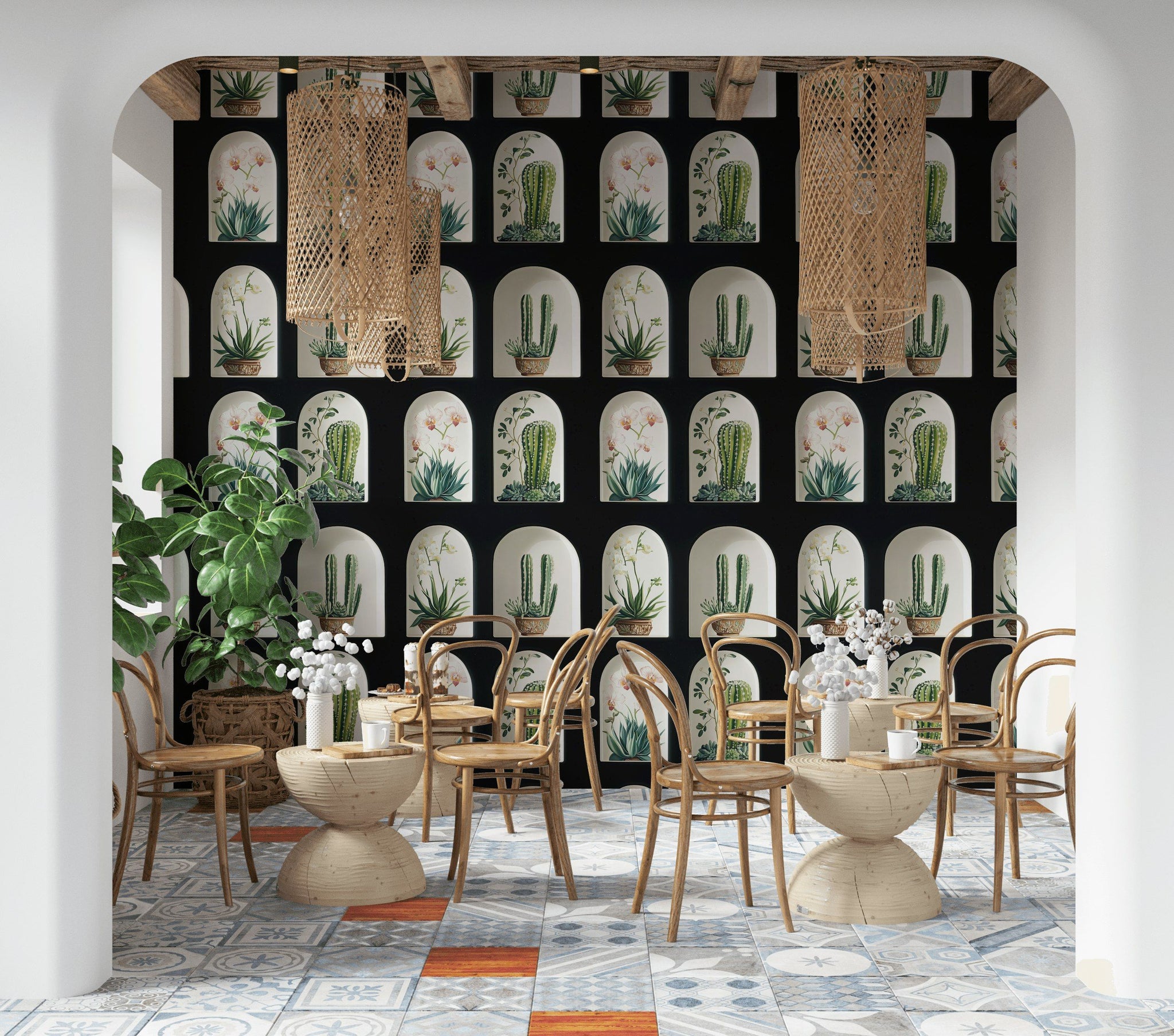 Black and Green Cactus Arched Botanical Wallpaper