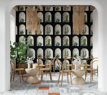 Black and Green Cactus Arched Botanical Wallpaper