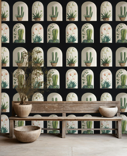 Black and Green Cactus Arched Botanical Wallpaper