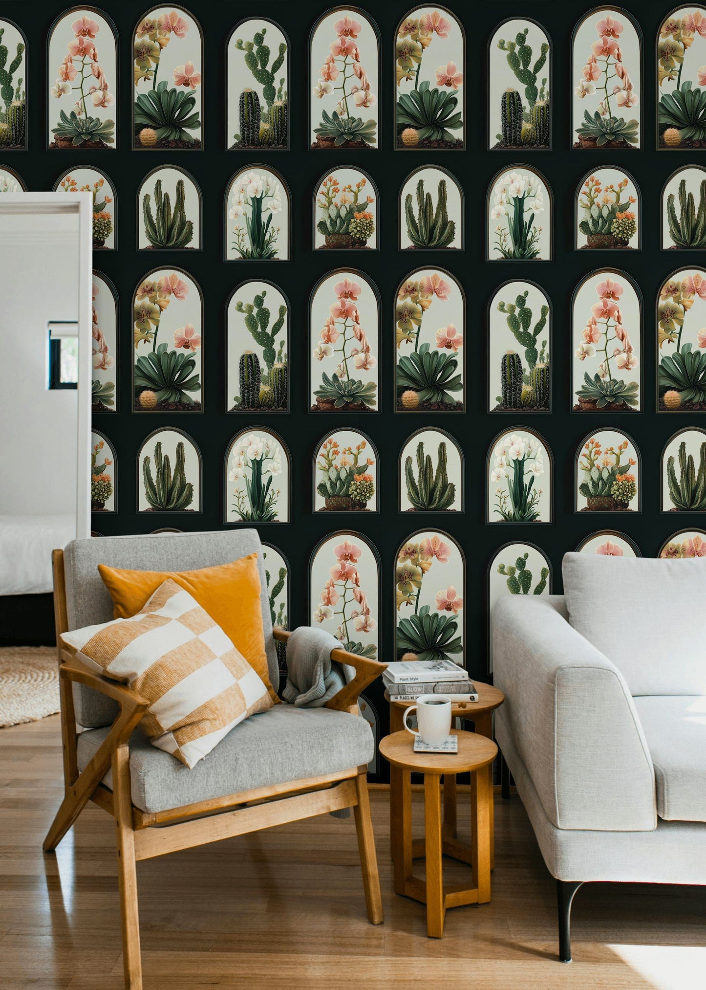 Cactus Orchid Wallpaper Botanical Arched Frame Wall Mural