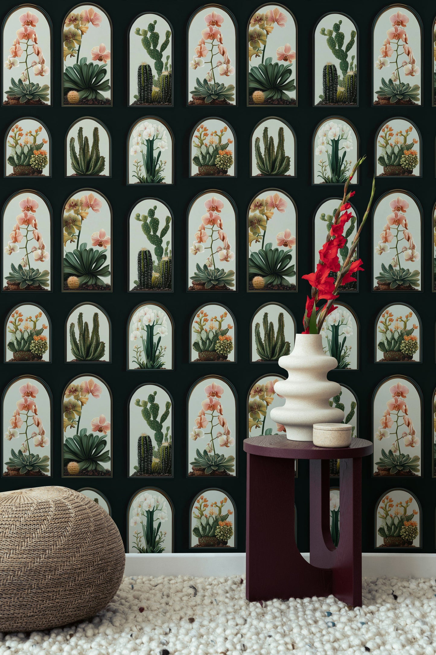 Cactus Orchid Wallpaper Botanical Arched Frame Wall Mural