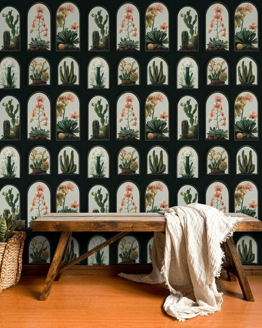 Cactus Orchid Wallpaper Botanical Arched Frame Wall Mural