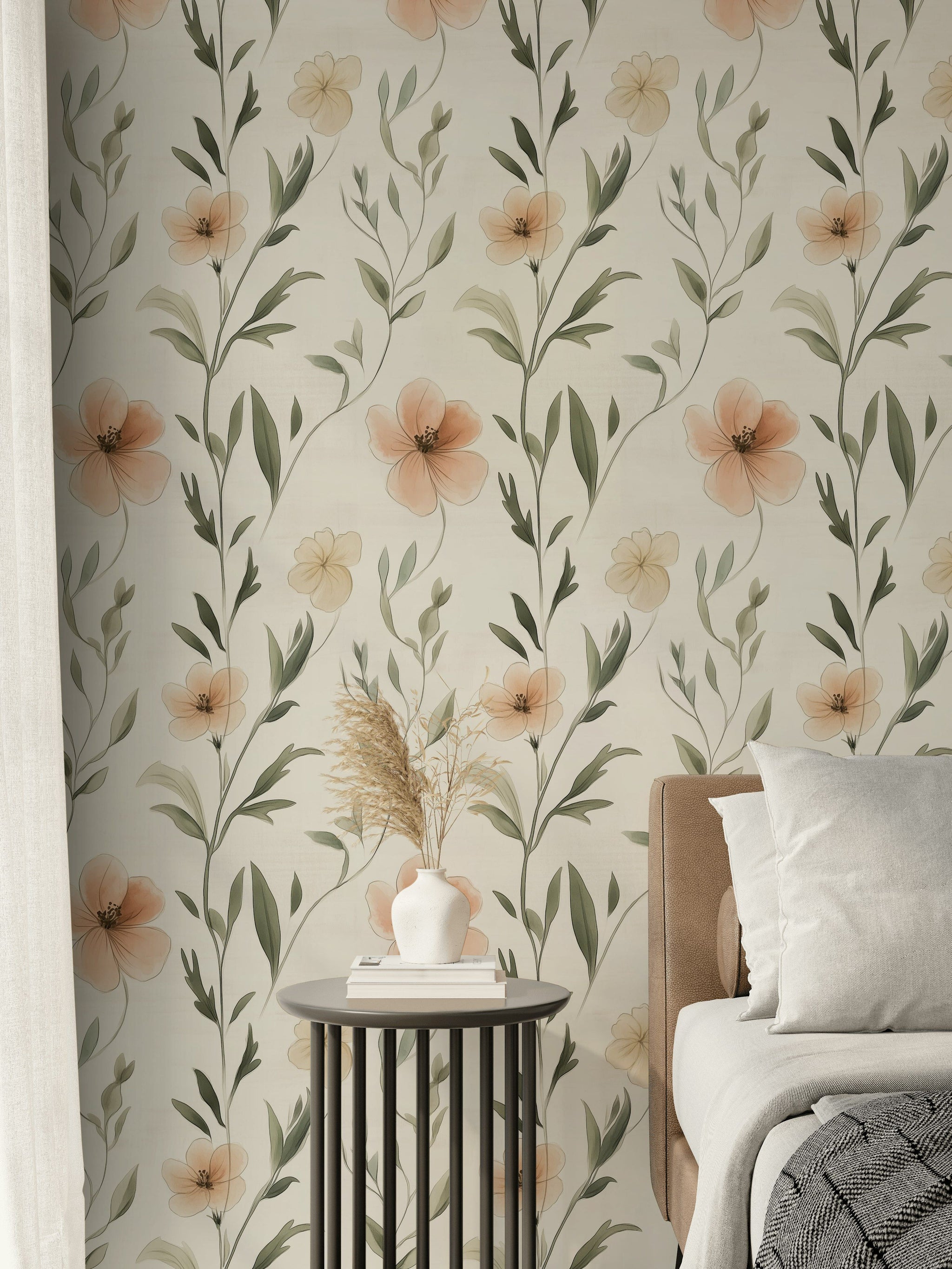 Cream and Blush Wildflower Botanical Wallpaper