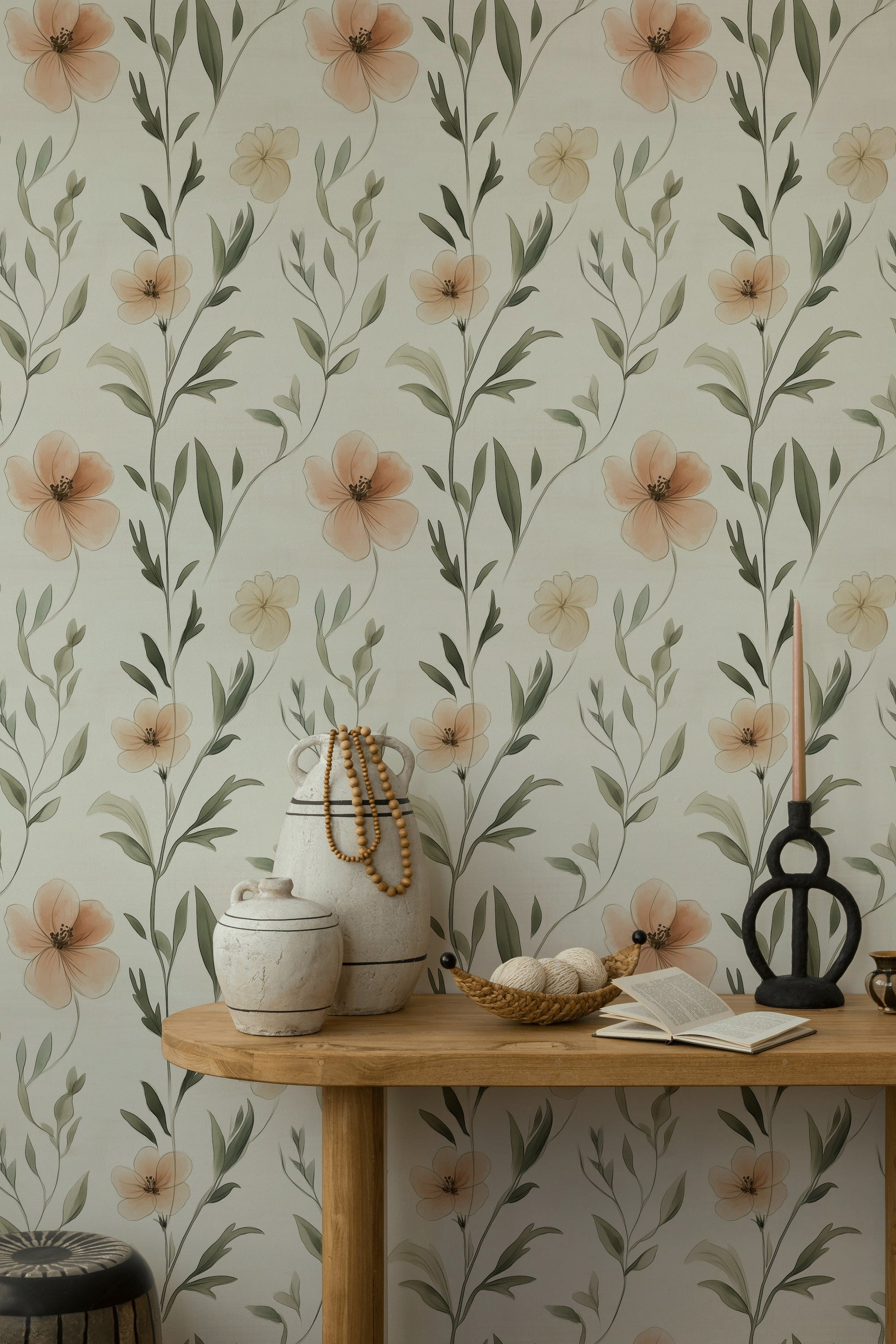 Cream and Blush Wildflower Botanical Wallpaper