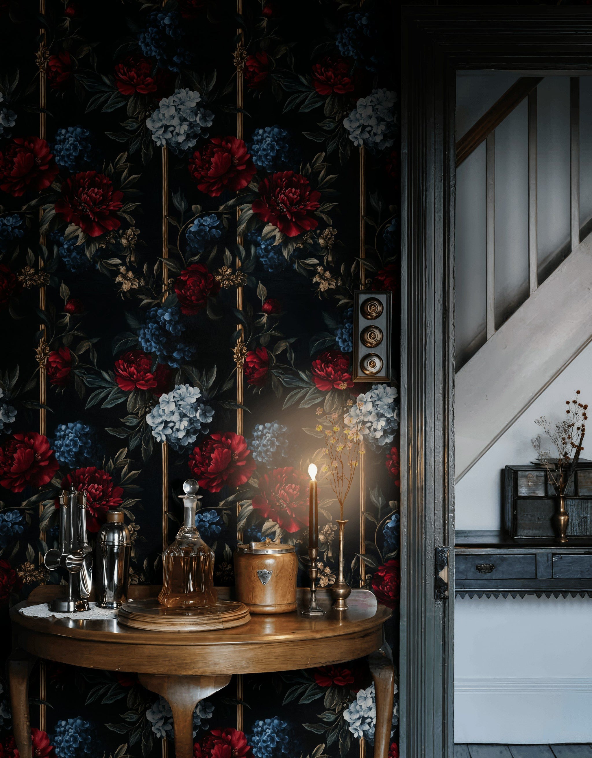 Dark Vintage Red and Blue Floral Wallpaper