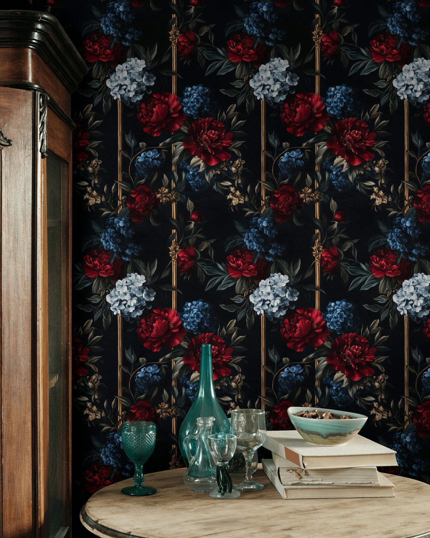 Dark Floral Wallpaper Red and Blue Flower Wall Mural