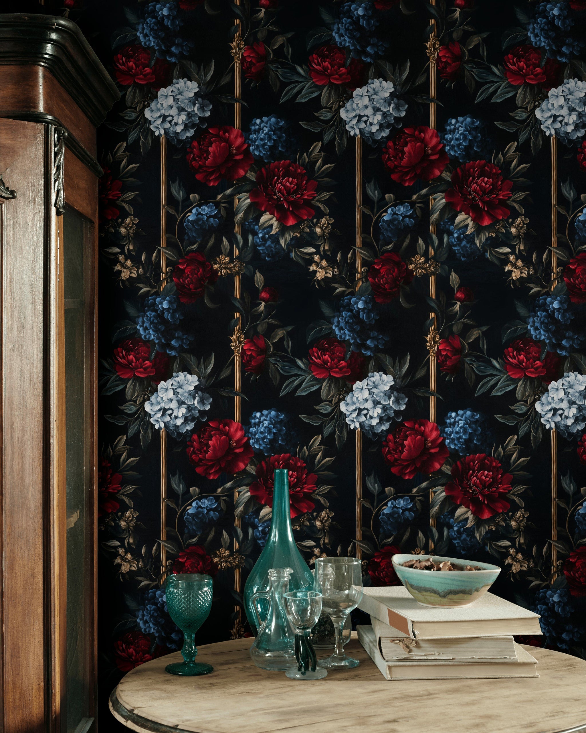 Dark Vintage Red and Blue Floral Wallpaper