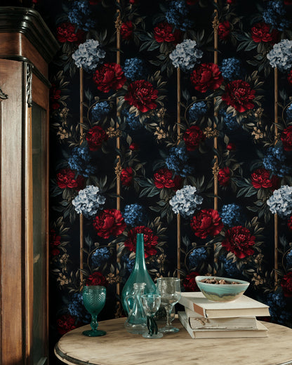Dark Vintage Red and Blue Floral Wallpaper